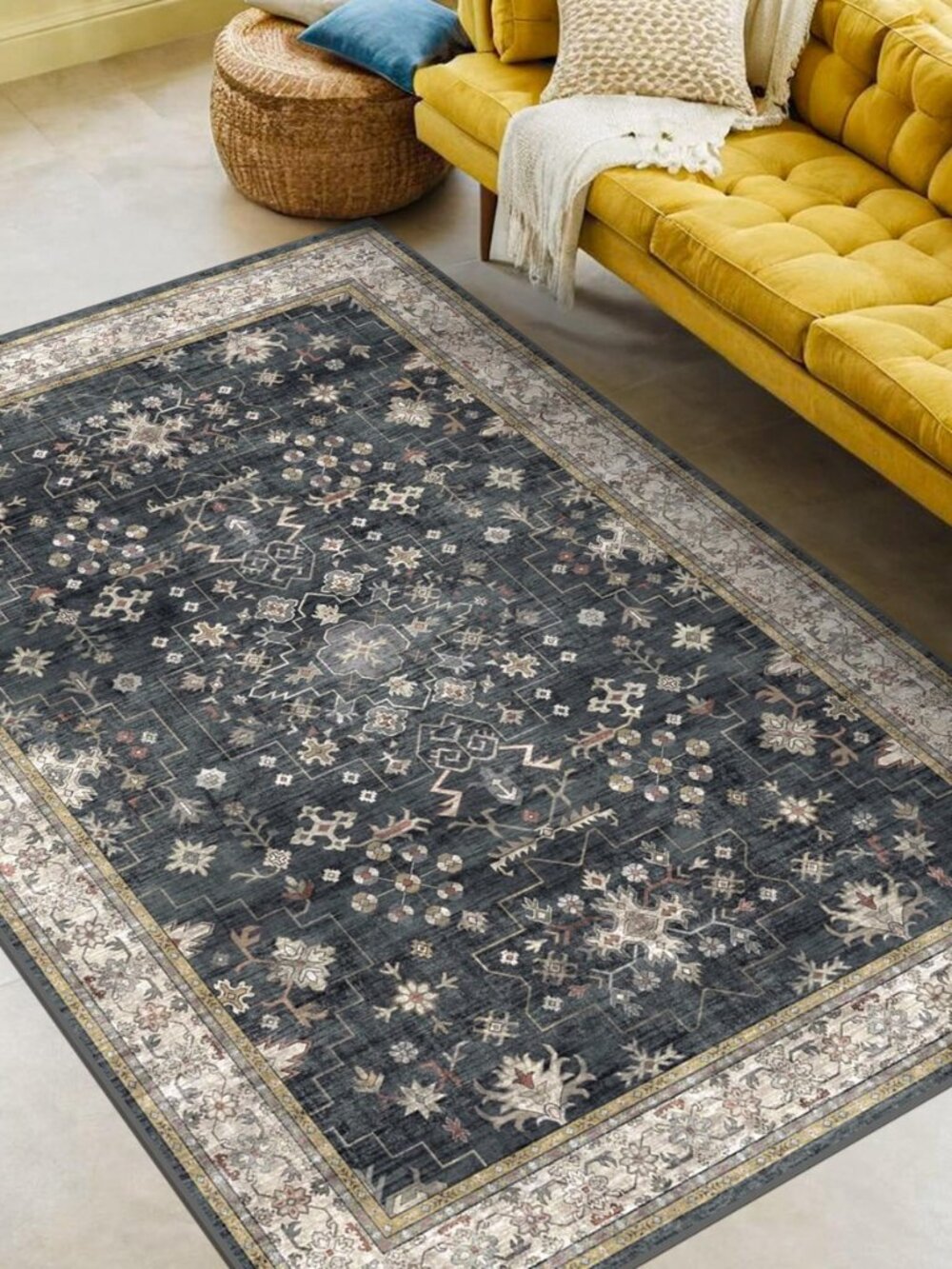 Black Modern Farmhouse 5x8 Area Rug for Living Room, Boho Large Entryway Rug